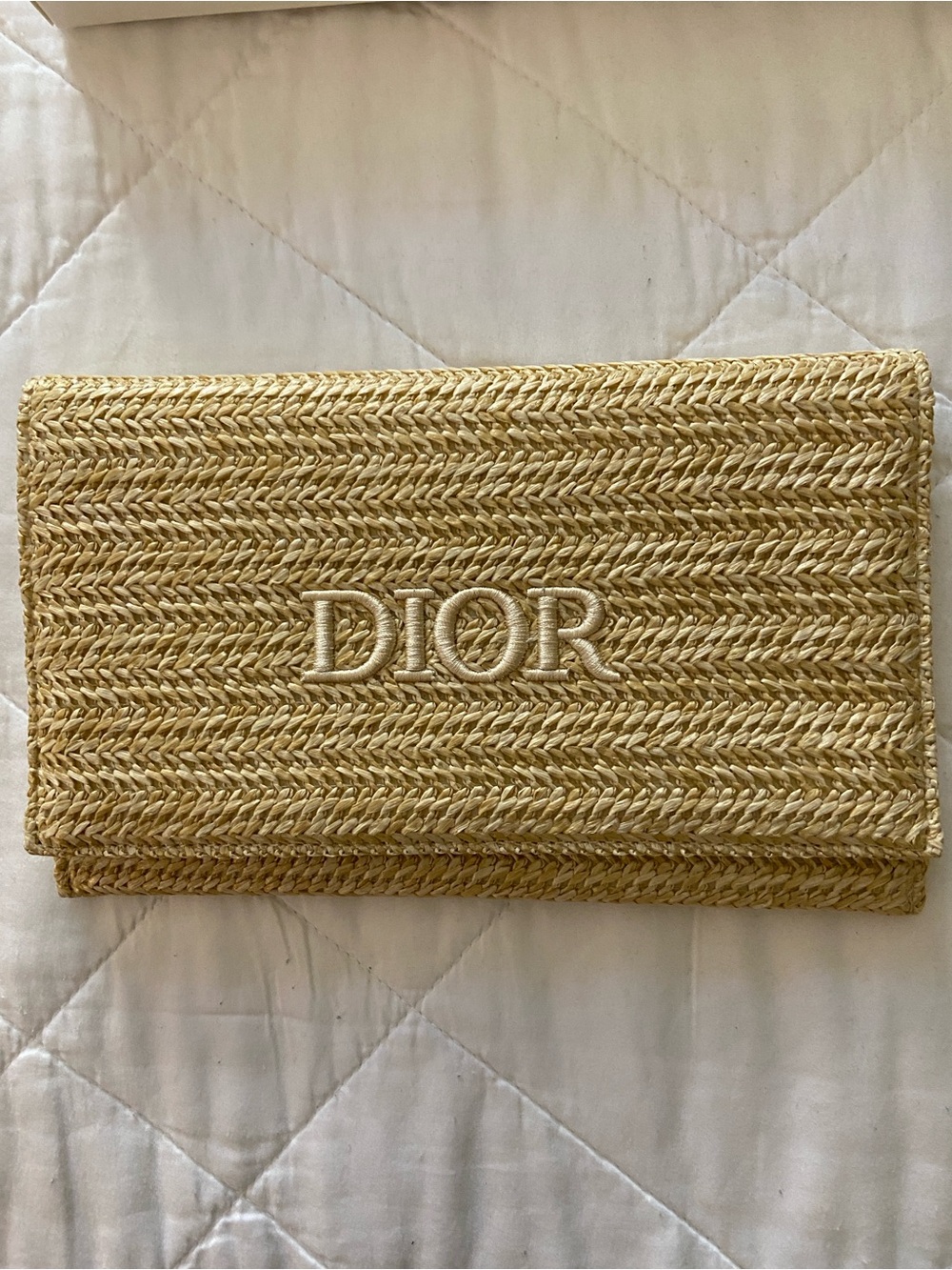 Dior Beige Straw Woven Clutch with Embroidered Logo